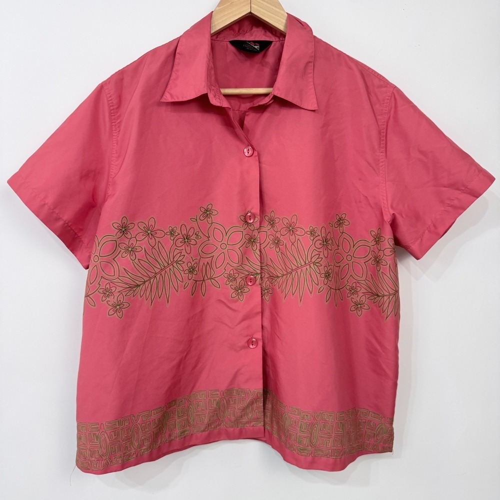 Vintage Y2K LL Bean Tropical Floral‎ Hawaiian Shirt Womens Large Coral Pink